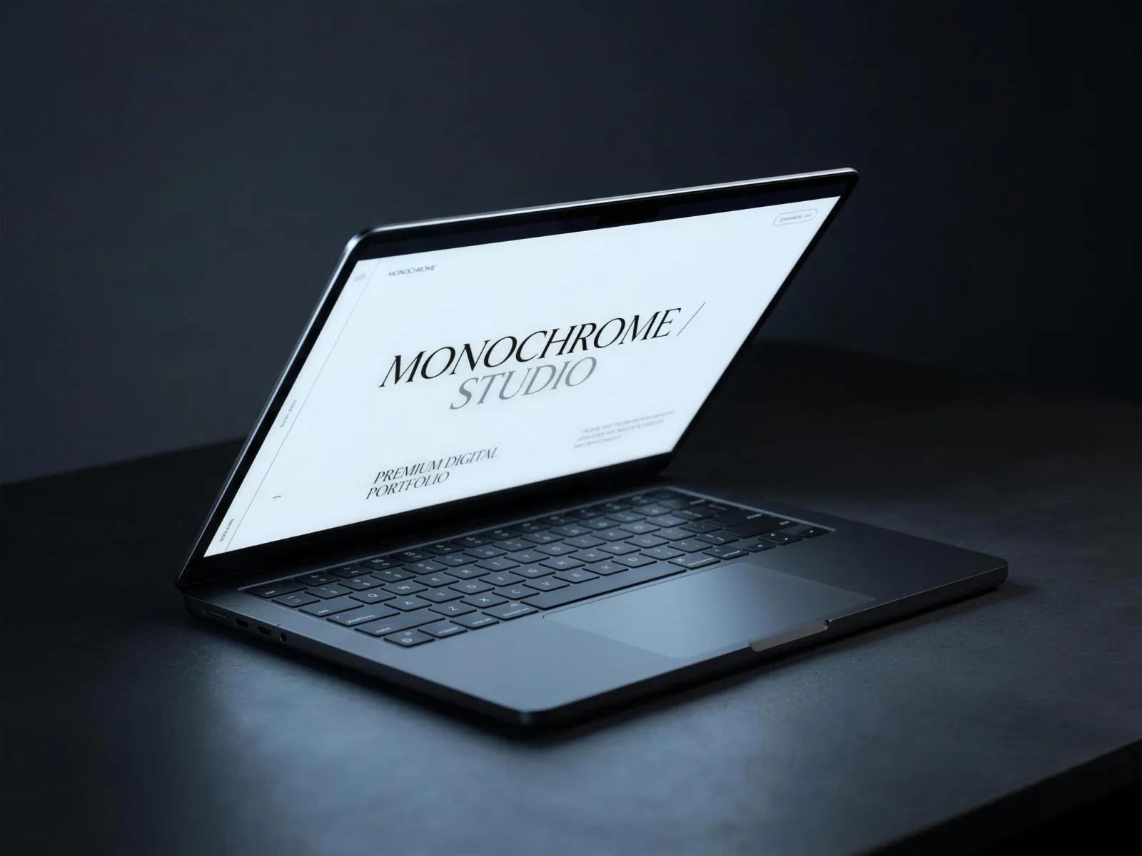 Dark laptop on a black desk displaying a monochrome website design