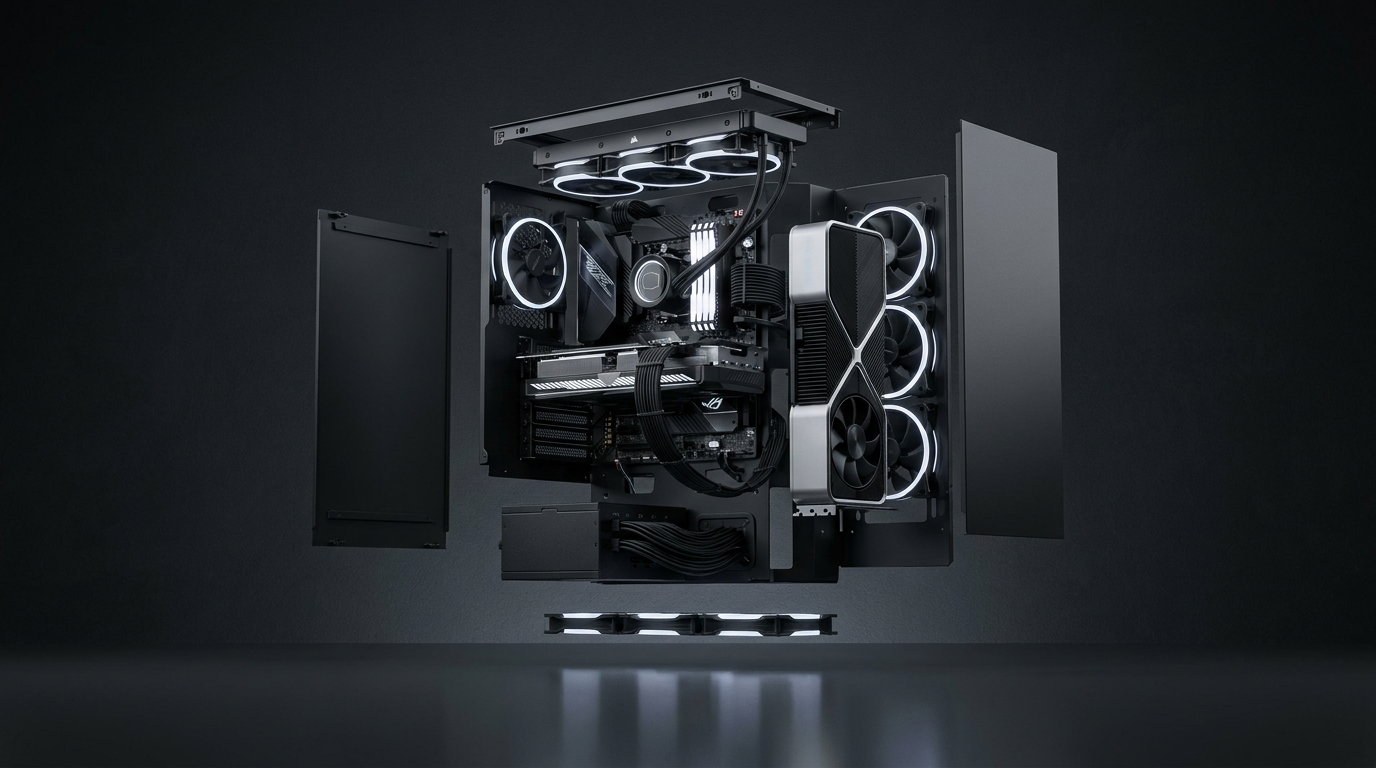 Exploded view of a custom PC build — side panels, fans, graphics card and motherboard floating apart in dark studio light