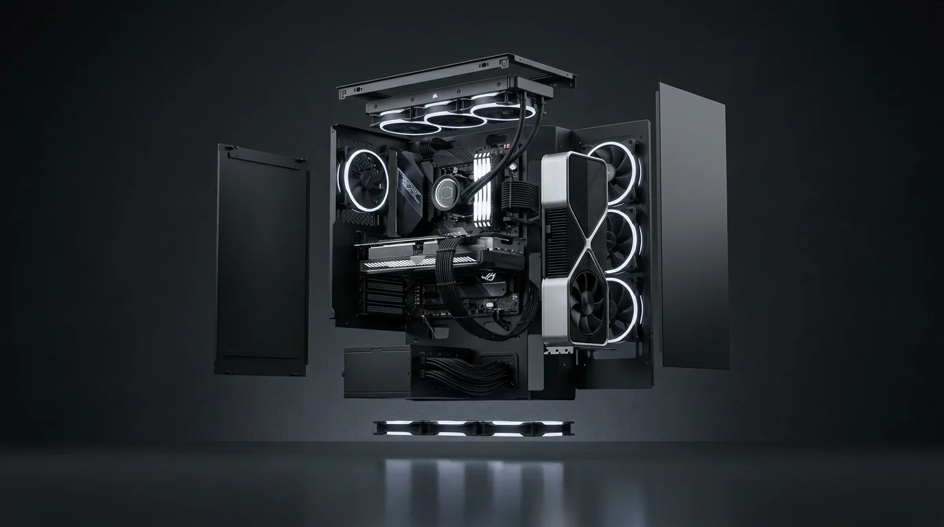Exploded view of a custom PC build, side panels, fans, graphics card and motherboard floating apart in dark studio light