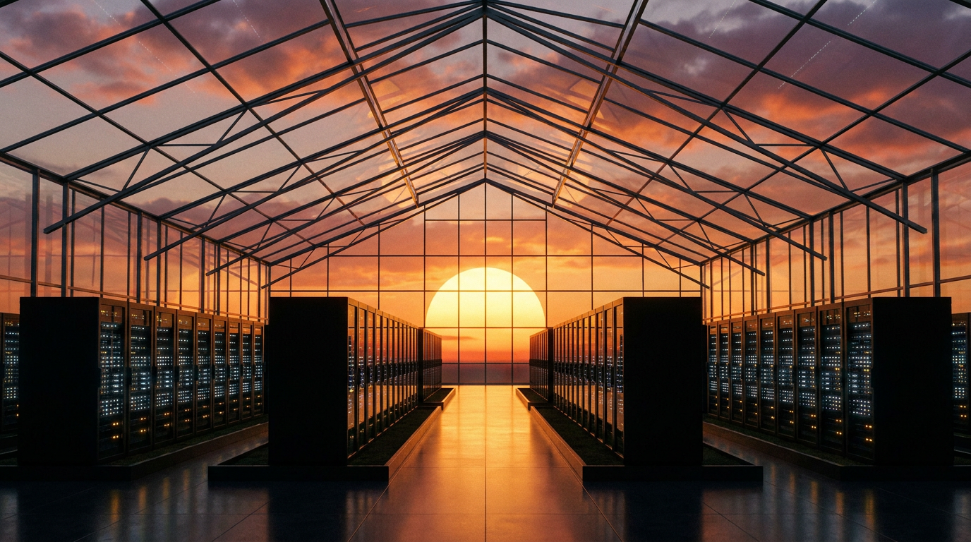 Sunset sky through the glass roof of a greenhouse data hall, server racks flanking a reflective aisle